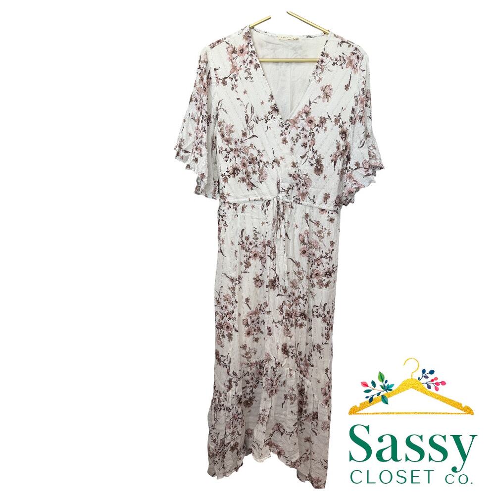 ✨ LOVESTITCH Metallic Floral Flutter Sleeve Maxi Dress L 🌸